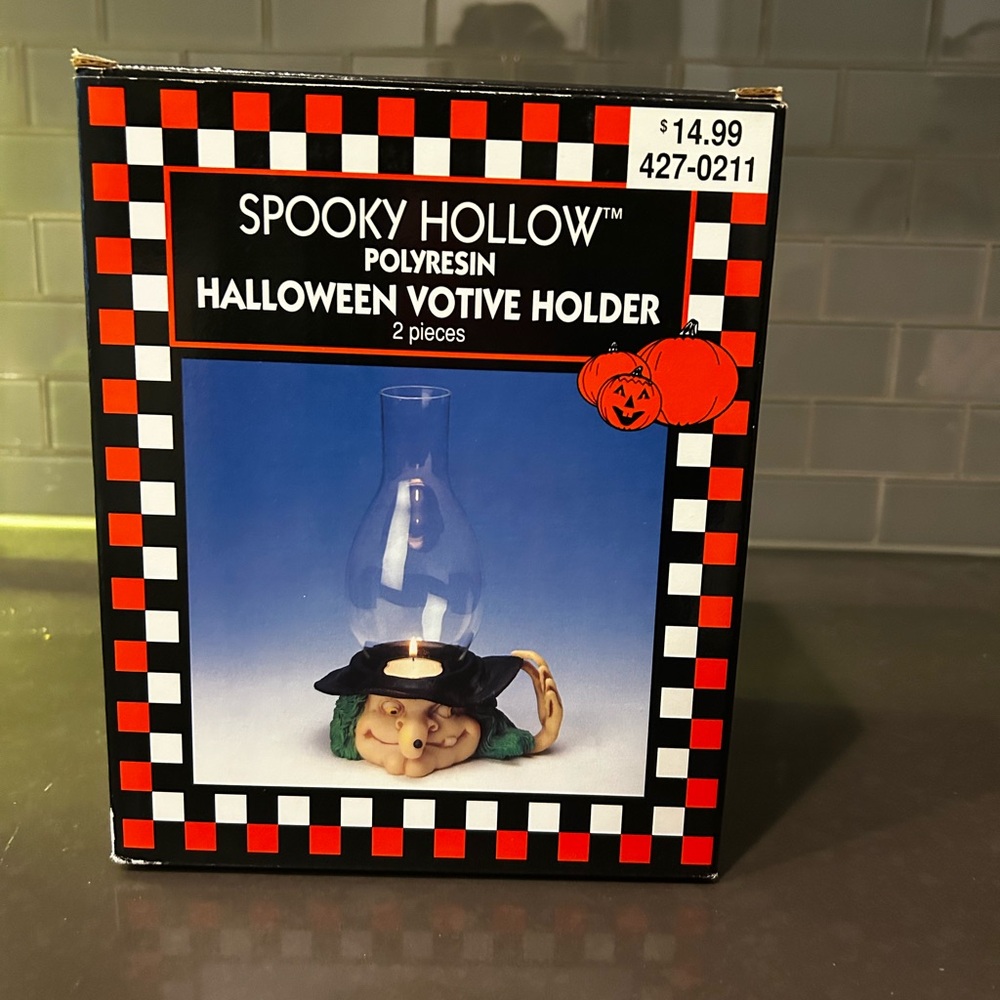 90s NIB Spooky Hollow Votive Candle Holder. Resin Figurine w/ Glass Tube